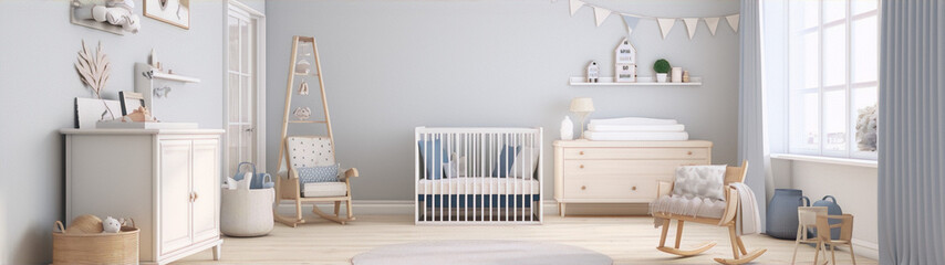 3D rendering of a bright and airy modern scandinavian nursery with a crib, rocking chair, and lots of natural light. - obrazy, fototapety, plakaty