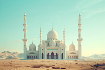 Obraz premium islamic mosque in the desert. fantasy landscape with moon and mosque. ramadan kareem holiday celebration concept