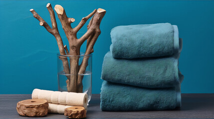 Still life with blue towels, water glass with decorative twigs and wooden coasters on dark blue background