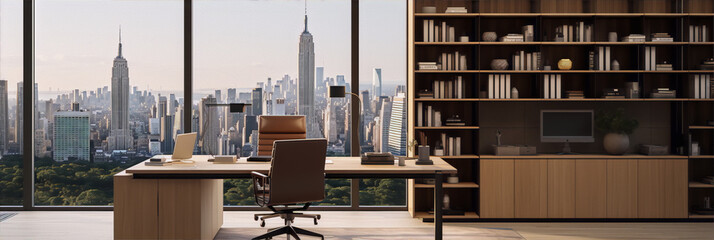 Office interior with a view of the city. 3d visualization. - obrazy, fototapety, plakaty