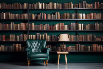Elegant emerald green library interior  rich dark green walls books and armchair evoke calm knowledge
