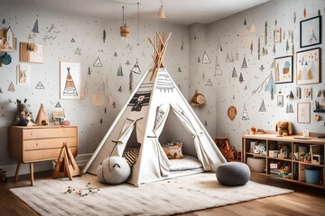 Whimsical kids' room featuring a teepee, soft rugs, and a wall adorned with hand-drawn...