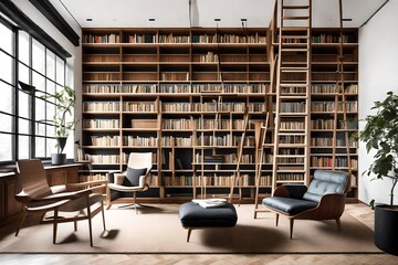 A minimalist library with floor-to-ceiling bookshelves, a ladder, and a cozy reading chair