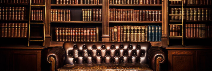 A vintage brown leather chesterfield sofa in a library with wooden bookshelves and a ladder. - obrazy, fototapety, plakaty