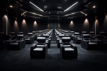 Black leather seats in a modern movie theater with black walls and ceiling