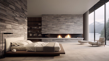 Modern bedroom interior with fireplace, bookshelves and lake view. - obrazy, fototapety, plakaty