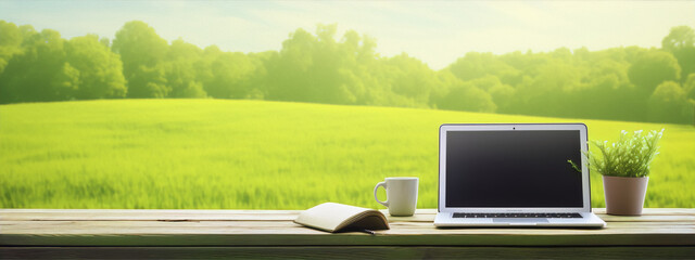 Laptop, book, and coffee mug on a wooden table with a green field background. 
