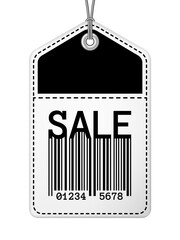 Sale tag with barcode on a string. Retro design with typography elements. Png clipart isolated on...