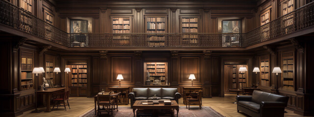 A library with a dark wood interior, leather furniture, and a large oriental rug in the center.
