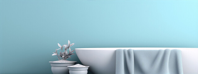 3D rendering of a bathtub with a towel and plants on a blue background in a minimalist style. - obrazy, fototapety, plakaty