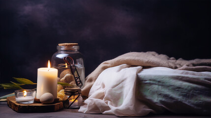 Fototapeta na wymiar Still life with a candle, a jar of water and a draped cloth in muted colors.
