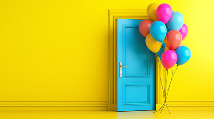 Balloons fly away through open door in yellow interior. - obrazy, fototapety, plakaty