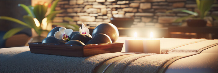 Spa and massage still life with orchid flowers, hot stones and candle on blurred background
