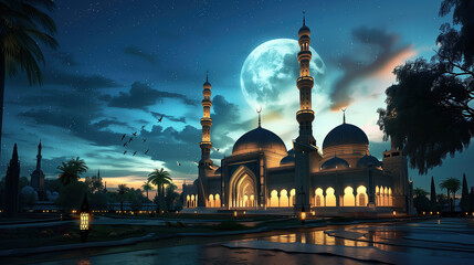 beautiful islamic mosque at night with lights and moon. ramadan kareem holiday celebration background concept