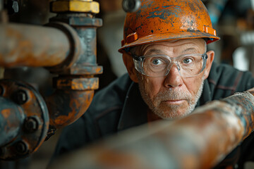 A middle-aged man plumber repairs a broken pipe - obrazy, fototapety, plakaty