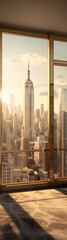 Cityscape of New York City with the Empire State Building in the center, bathed in warm sunlight, visible through a large glass window.