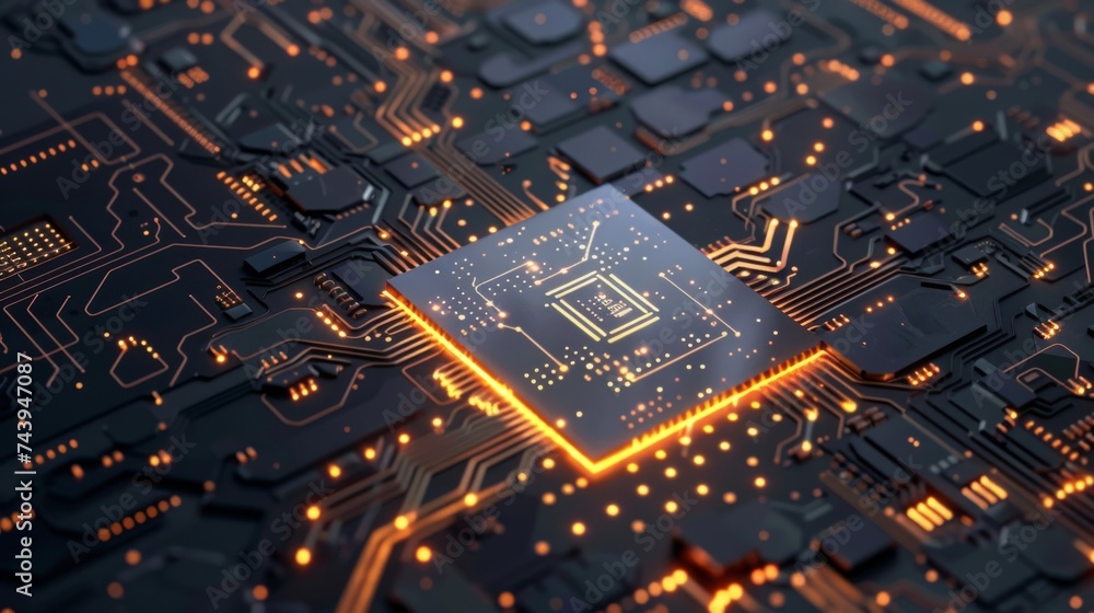 Poster a close-up photo of a computer motherboard with a glowing cpu