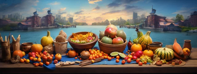 Deurstickers A beautiful lakeside cityscape with a bountiful harvest of fruits and vegetables. © zhor