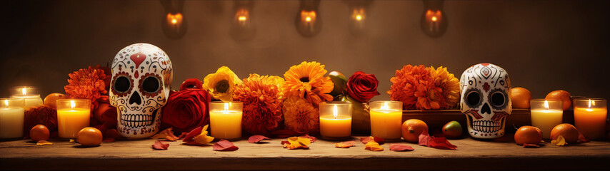 Still life of Mexican sugar skulls, marigolds, candles and fruits on a wooden table. - obrazy, fototapety, plakaty