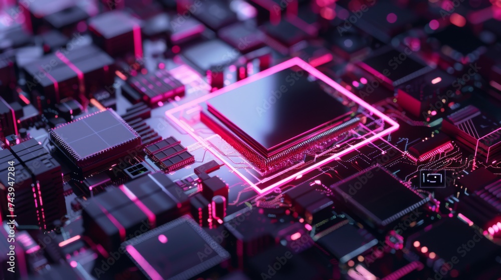 Poster a close-up photo of a computer motherboard with a glowing cpu