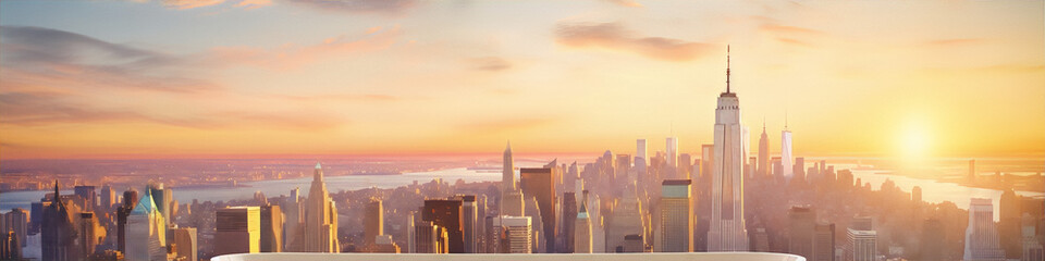 New York City skyline with skyscrapers and sunset colors in photography