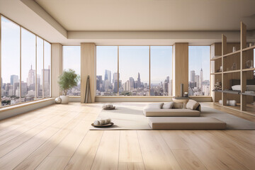 3d illustration of a modern living room with a city view, featuring a large rug, sofa, and decorative items in a minimalist style with neutral colors.