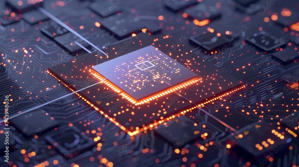 Poster a close-up photo of a computer motherboard with a glowing cpu