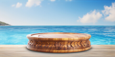 3D rendering of a wooden podium on a wooden table against a blurred background of a tropical beach