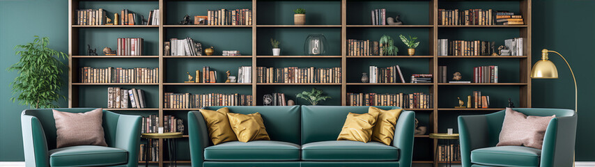 3D rendering of a living room with a large bookshelf, green walls, and a green sofa.