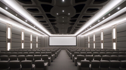 Modern empty cinema auditorium with gray seats and blank white screen