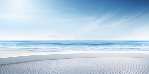 3D rendering of an empty terrace with a view of the ocean on a sunny day. - obrazy, fototapety, plakaty