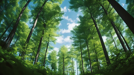 Fototapeta premium Looking up at the green forest, trees with green leaves, blue sky and sunshine