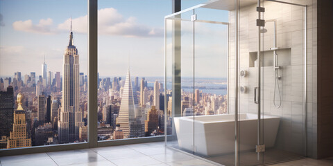 Cityscape photography of New York City with a modern bathroom interior in the foreground.