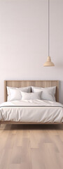 Minimalist bedroom interior with wooden bed and white bedding in 3d illustration