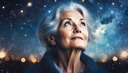 elder woman with silver hair, looking up at the universe