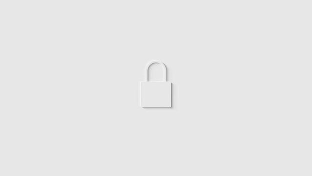 A looping Neumorphic minimal light grey motion graphic design with animated lockign and unlocking padlock symbol in 4k UHD 30p