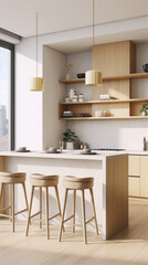 3d rendering of a modern kitchen interior with wood and white colors in a minimalist style