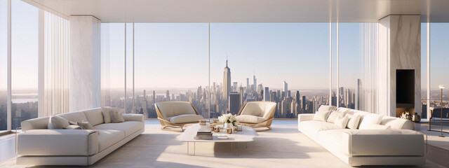Modern living room interior with floor-to-ceiling windows and a view of the city - obrazy, fototapety, plakaty