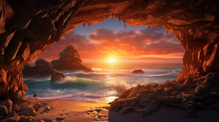 beautiful beach view from inside cave wallpaper and background