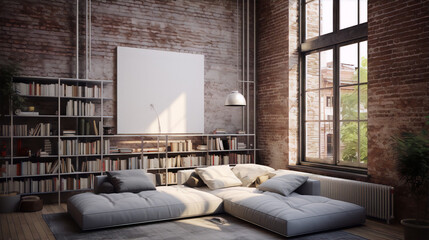 3d rendering, interior of a modern living room with brick walls and large windows