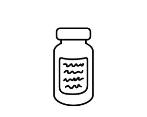 Black outline of a small bottle with label, vector icon