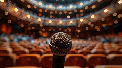 A lone microphone stands center stage in a vast, empty concert hall, its presence evoking anticipa - obrazy, fototapety, plakaty