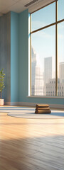3d rendering of a yoga studio with a large window looking out onto a city skyline