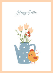 Happy easter. Postcard. Bouquet, watering can and chicken.
