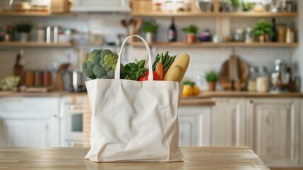 Ecological white reusable bag with grocery on kitchen background. Ecological concept.