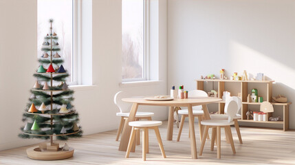 3D rendering of a modern scandinavian style child's playroom with a christmas tree and toys