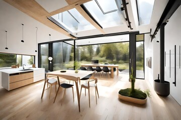 A minimalist, eco-friendly home with solar panels, green roofing, and large windows for natural light