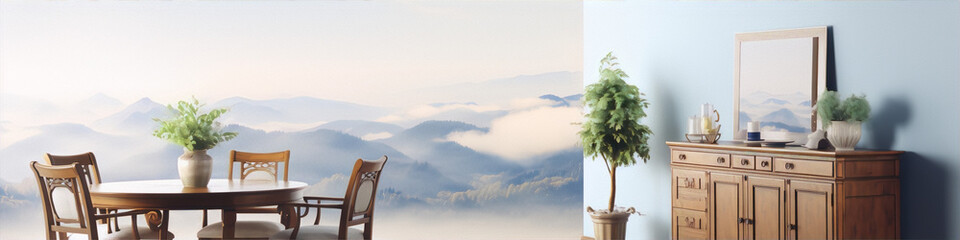 3D rendering of a dining room with a beautiful mountain landscape view, wooden furniture, and green plants.