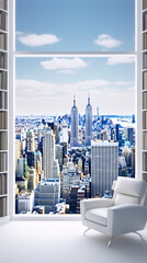 New York Cityscape from a modern high-rise apartment with a white leather chair in the foreground. - obrazy, fototapety, plakaty