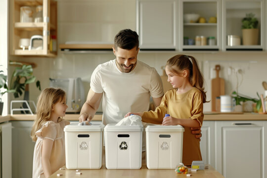 Father teaching kids sorting trash- bottle and food waste into a garbage cans.